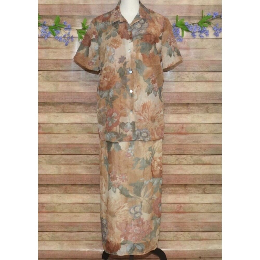 VTG 90's Y2K 2 Piece Dress & Matching Shirt Brown Floral Abalone Shell Size 8